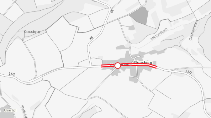 Eine Karte die zeigt, wo die STraße in Rimsberg gesperrt ist